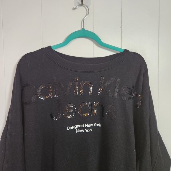 Calvin Klein Black Sequins Sweatshirt Logo Womens Size Medium Loungewear 90s - Picture 2 of 10